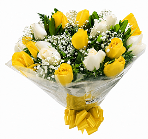 Buquê de 18 rosas brancas e amarelas