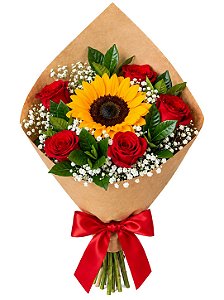 Cone de Rosas com Girassol no Kraft