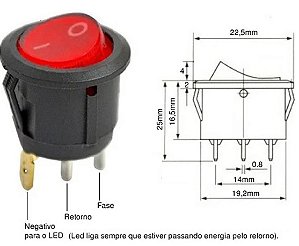 CHAVE GANGORRA REDONDA ON/OFF KCD1-106N 10/6A 250V VERMELHA.