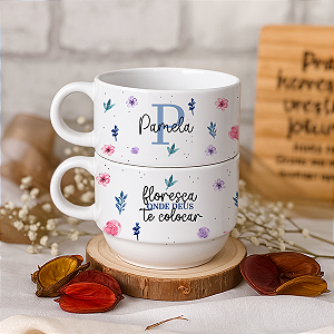 Kit Xícara Personalizada com Seu Nome Floral