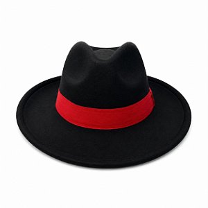 CHAPÉU DE VELUDO PRETO - FITA VERMELHA
