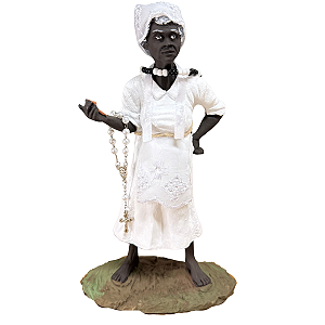 IMAGEM EM RESINA PRETA VELHA EM PÉ COM GUIA E LENÇO