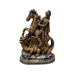 SÃO JORGE DOURADO EM RESINA BASE PRATEADA 14 CM