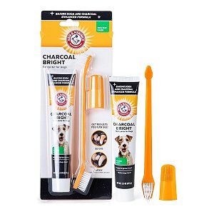 Kit Dental Pasta Enzimática Escova e Dedeira Clareador Carvão Ativado Para Cães Sabor Menta Arm & Hammer
