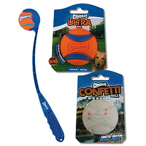 Kit Chuckit Lançador Bolinhas Sport Launcher 18M + Ultra Ball e Confetti Tam M Para Cães