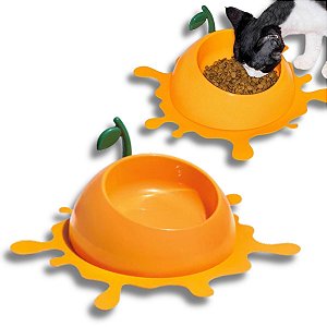 Vetreska Comedouro e Bebedouro Tangerina Com Tapete e Colher Cães Gatos