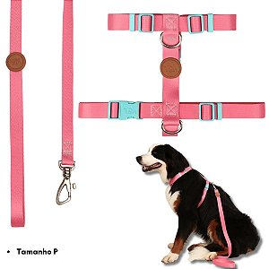 Toh Conjunto Peitoral H e Guia Para Cães Rosa Mosquetão Resistente Tamanho P