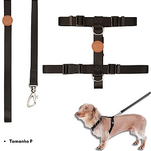 Toh Conjunto Peitoral H e Guia Para Cães Preto Mosquetão Resistente Tamanho P