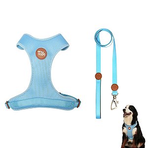 Kit Peitoral Mesh H Toh PP + Guia Alça Comfort 1,5m Para Cães Azul