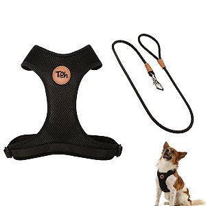 Kit Peitoral Mesh H Toh PP + Guia Corda 1,20m Para Cães Preto