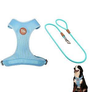 Kit Peitoral Mesh H Toh M + Guia Corda 1,20m Para Cães Azul
