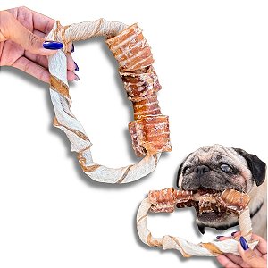 Pandeiro Mordedor Natural Para Cães Pele e Mini Traqueia Bovina Pet Bem