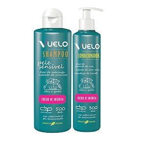 Kit Shampoo Pele Sensível e Condicionador Cheiro de Infância Vuelo Cães e Gatos