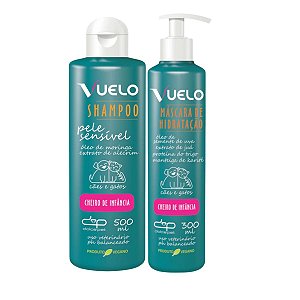 Kit Shampoo Pele Sensível e Máscara Hidratação Cheiro de Infância Vuelo Cães