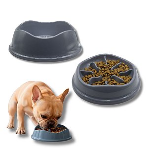 Kit Comedouro Lento Interativo e Bebedouro Para Cães Stark Slow 350ml Cinza