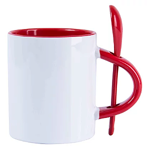 Canecas Para Sublimação de Cerâmica Branca Com Colher E Interior Vermelho 325ml