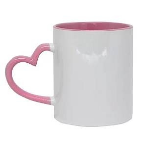 Caneca de Cerâmica Branca Com Alça de Coração, Borda E Interior Rosa 325ml