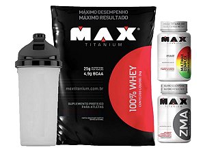 100% Whey Refil 2kg Morango Max Titanium + Zma 90 Cáps + Multimax 90 Cáps + Shaker