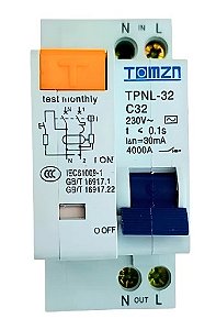Disjuntor DDR DR Bipolar 32A 1P+1N TOMZN