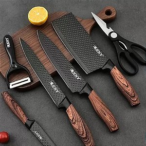 Kit Facas Inox 6 Peças Antiaderente Cabo Madeira