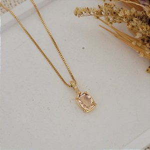 Colar Retângulo Morganita Banhado a Ouro 18K