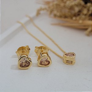 Conjunto Coração Citrino Banhado a Ouro 18K
