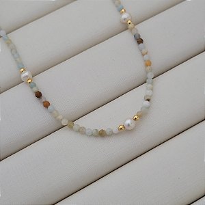 Colar de Pedras Naturais Amazonita c/ Pérola Água Doce Banhado a Ouro 18K