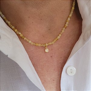 Colar de Pedras Naturais Citrino 3mm c/ Ponto de Luz Banhado