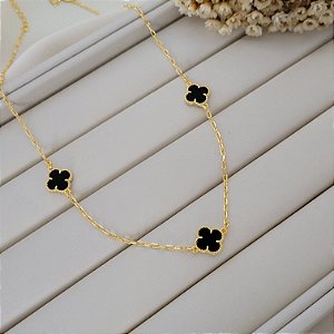 Colar Trevo Preto Banhado a Ouro 18K
