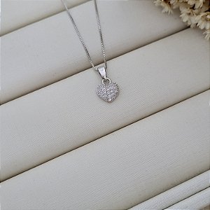 Colar Coração c/ Microzircônia Banhado a Ródio Branco
