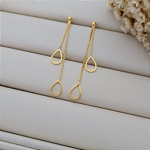Brinco Gota Vazada Duplo Longo Banhado a Ouro 18K