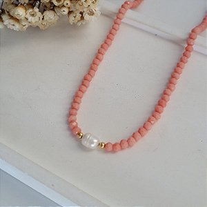 Colar de Cristais 4mm c/ Perola Barroca Banhado a Ouro 18K