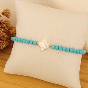 Pulseira de Cristais 4mm c/ Trevo de Madrepérola Banhado a Ouro 18K