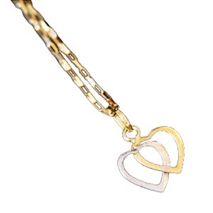 Corrente de Ouro 18k 750 Cartier 45cm com Pingente de Coração Duplo em Ouro Branco e Ouro Amarelo