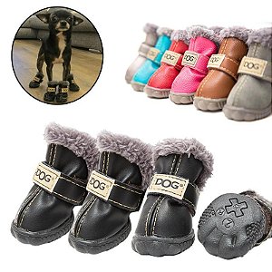 Pet com 04 Peças Sapatos de Cachorro de Estimação de Inverno Anti-Deslizamento Impermeável para Raça Pequena Aconchegante em Couro - Tamanho Único