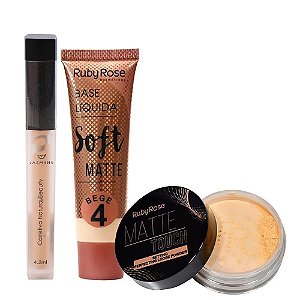 Kit Maquiagem Pó Solto Banana RUBY ROSE + Base Bege 4 RUBY ROSE + Corretivo Bege 4 JASMYNE