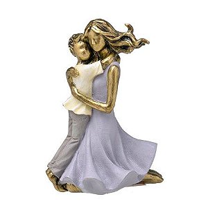 Decoração Enfeite em Resina Mãe e Filho 15x10 cm - Cor Dourado e Lilás