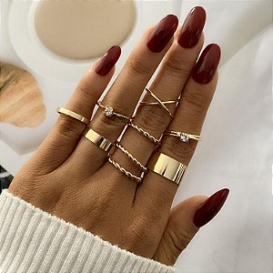 Anéis Retrô Ajustável de 9 peças Dourado UNISSEX