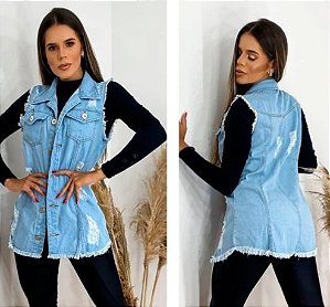 Colete Jeans Maxi Destroyed Feminino Fecho em Botões
