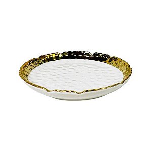 Bandeja de Porcelana Redonda 15x15 cm Branca com Borda Dourada PRACAZA