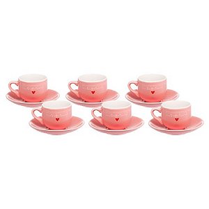 Jogo de Xícaras de Porcelana Lamour 90ml com 12 Peças Rosa ETILUX