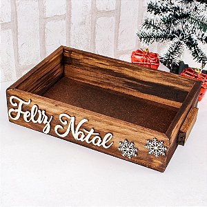 Bandeja de Madeira Cesta Presente com Alças Feliz Natal 20x20