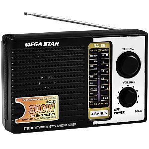 Rádio Retrô Portátil AM FM  SW TV MEGA STAR RA18B 300 watts P.M.P.O Bivolt Preto com Prata
