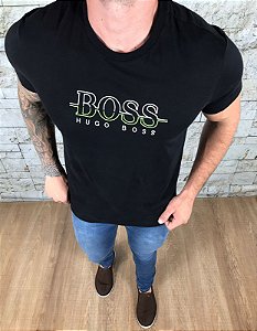 Camiseta Masculina HB Preto Bordada Line BOSS Branco e Verde Lima