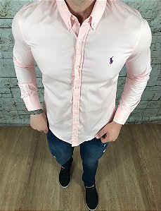 Camisa Masculina RL Manga Longa Rosa Médio Logo Roxo
