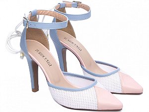 Sapato Scarpin TORRICELLA Azul e Rosa com Tela Branca