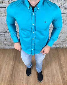 Camisa Masculina TH Manga Longa Azul Turquesa