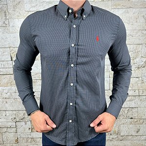 Camisa Masculina RL Manga Longa Azul Egípcio Micro Xadrez