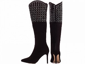Bota Feminina TORRICELLA Bico Fino Cano Alto Camurça Preto Apliques cor Cristal