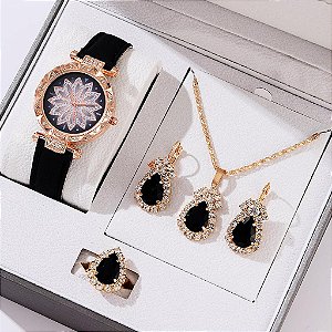 Relógio Feminino MONTRE Conjunto com Pulseira de Couro Colar Anel Brinco